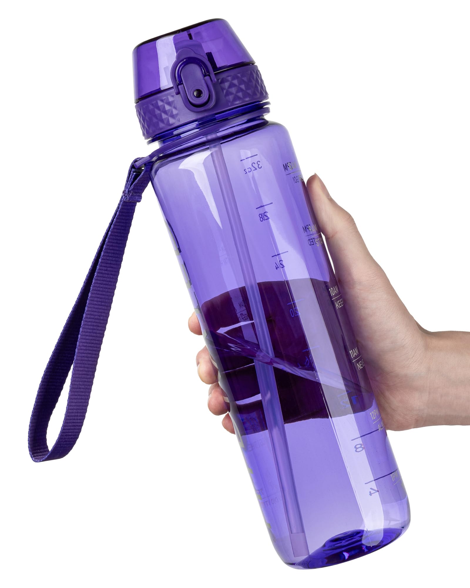 OLDLEY 1L Sports Water Bottle with Straw, Tritan 1 Litre Motivational Drink Bottle, BPA Free Leakproof Transparent Water Bottle with Time Marker for Cycling, School, Gym, Outdoor (Deep Purple)
