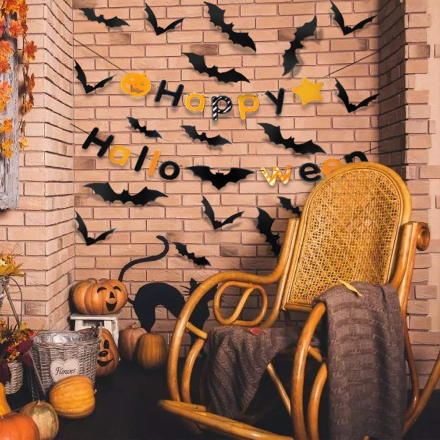 PTG Halloween Indoor Party Supplies,Happy Halloween Banner（1Pcs）& 3D Decoration Scary Bats Wall Decal Wall Sticker(60Pcs): Kitchen & Dining