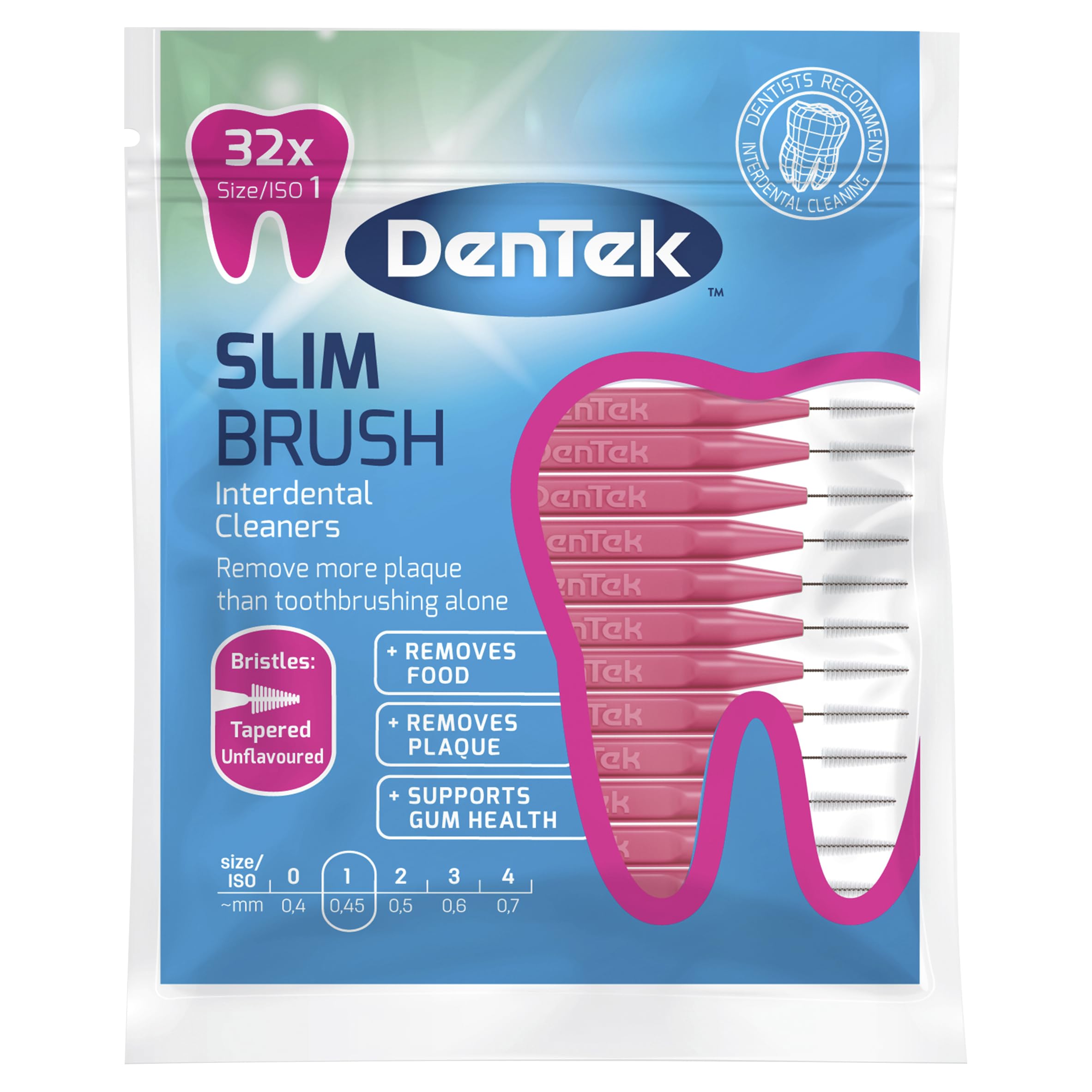 DenTek - Slim Brush Interdental Cleaners - Tapered Bristles - Unflavoured - 32 Per Pack - Iso 1 (0.45Mm)
