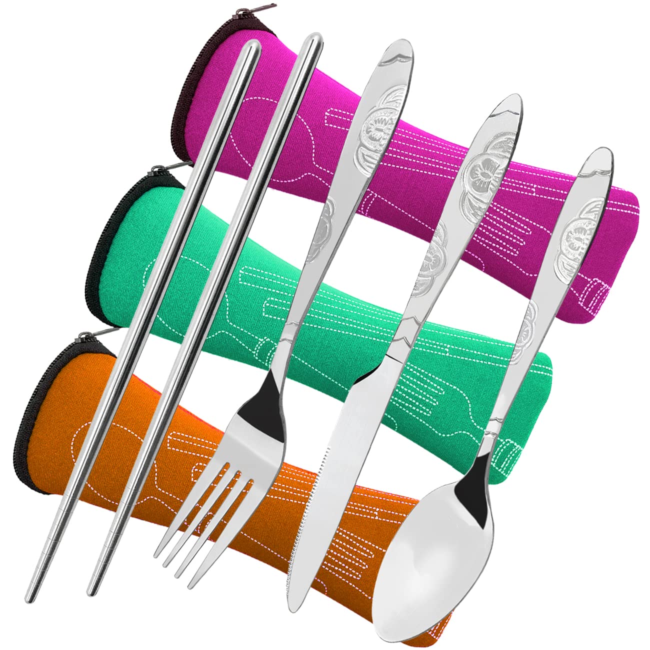 Photo 1 of 3 Pack Camping Silverware Set, CKANDAY 12 Pcs Knife Fork Spoon Chopsticks Stainless Steel with Carrying Case Rustproof Tableware Flatware for Traveling Picnic Working Hiking-Red/Green/Orange
