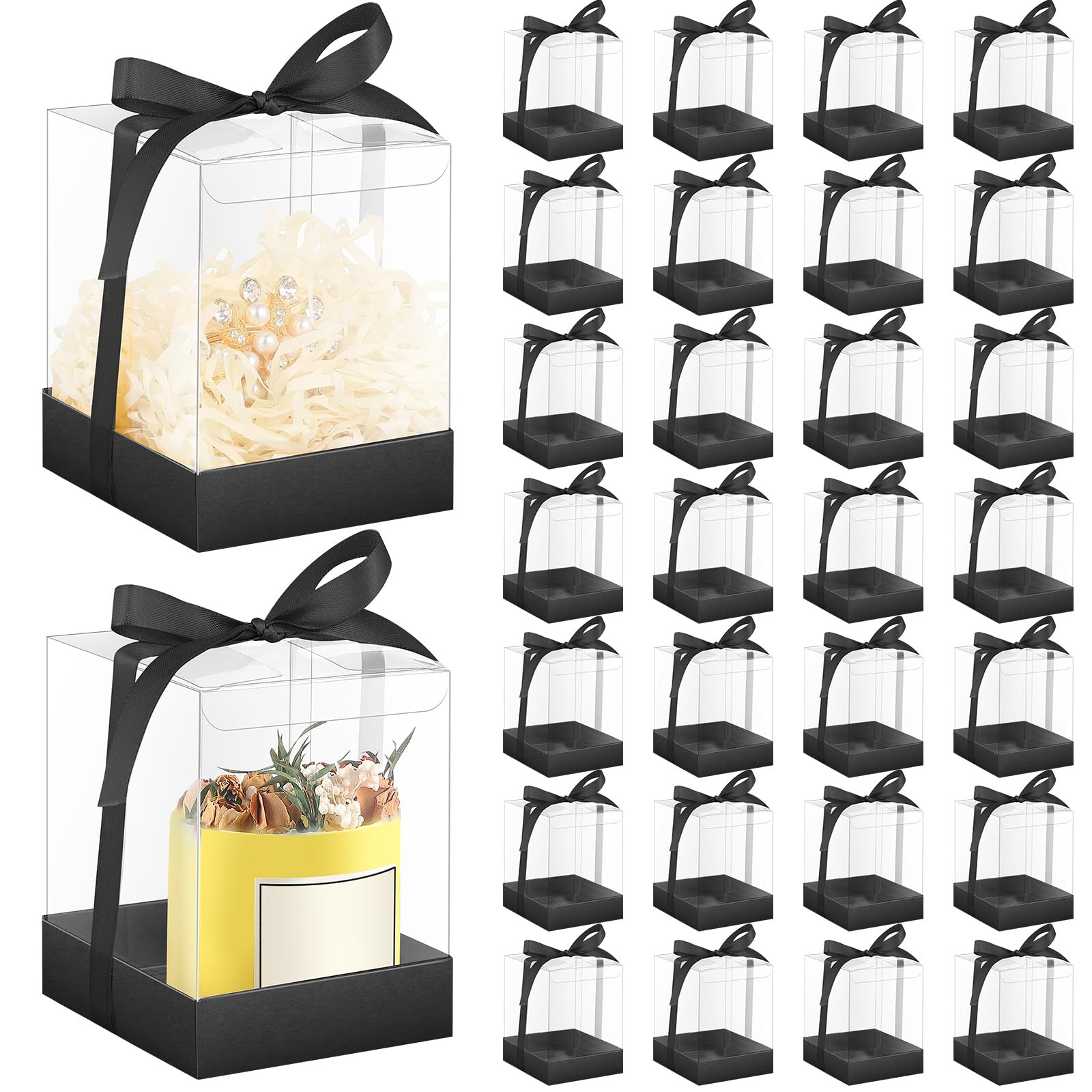 Photo 1 of Cunno 36 Set 3.5 x 3.5 x 4.3 in Candle Package Transparent Gift Box 4-18 oz Handmade Tealight Candle Holder Bulk Paper Bottom Ribbon for Wedding Baby Shower Party Mug Cake Wine Glasses(Black)
