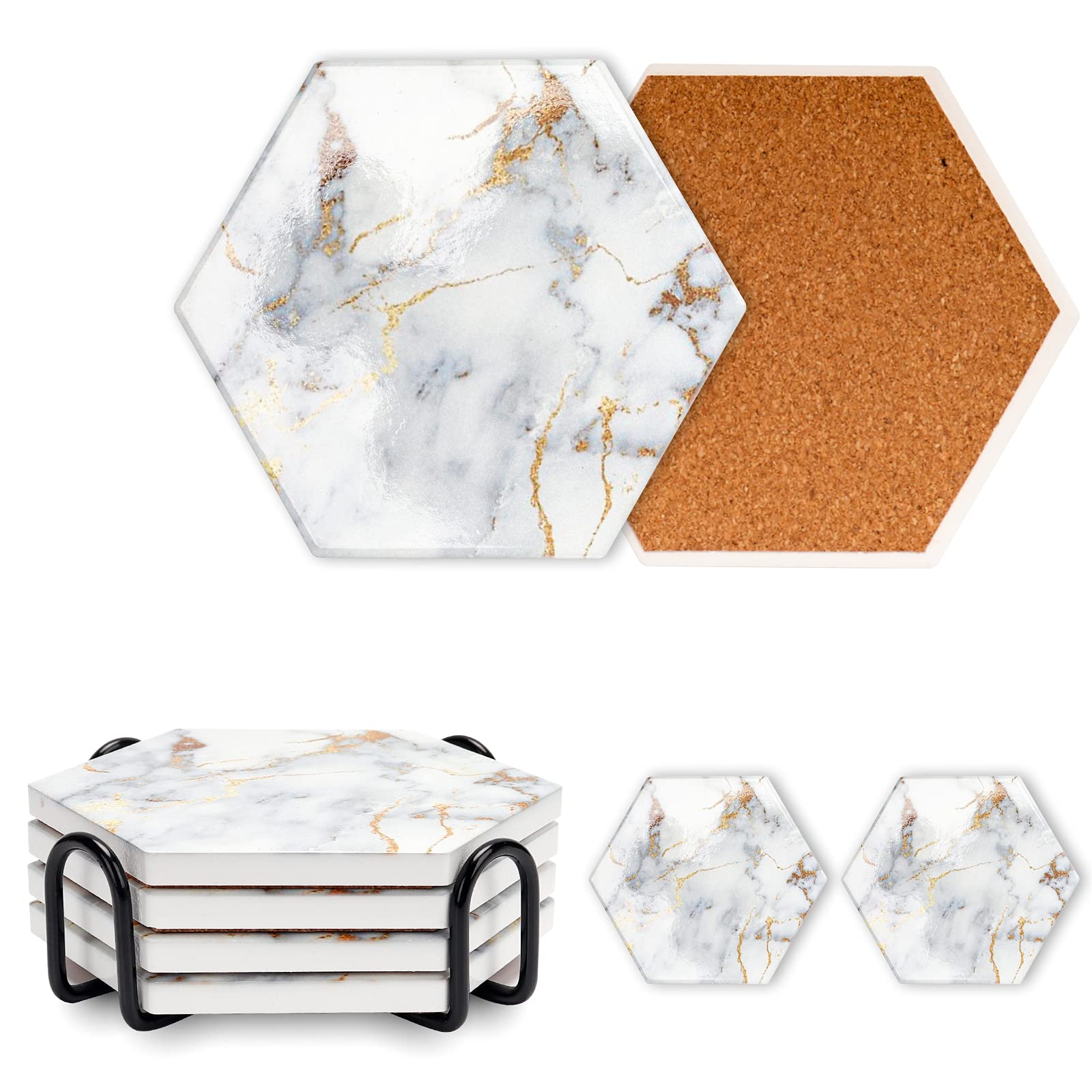 Drink Coasters with Holder, Absorbent Coaster Sets of 4, Cat/Dog Pattern Ceramic Drink Coaster for Tabletop Protection,Suitable for Kinds of Cups, Wooden Table,4 Inches