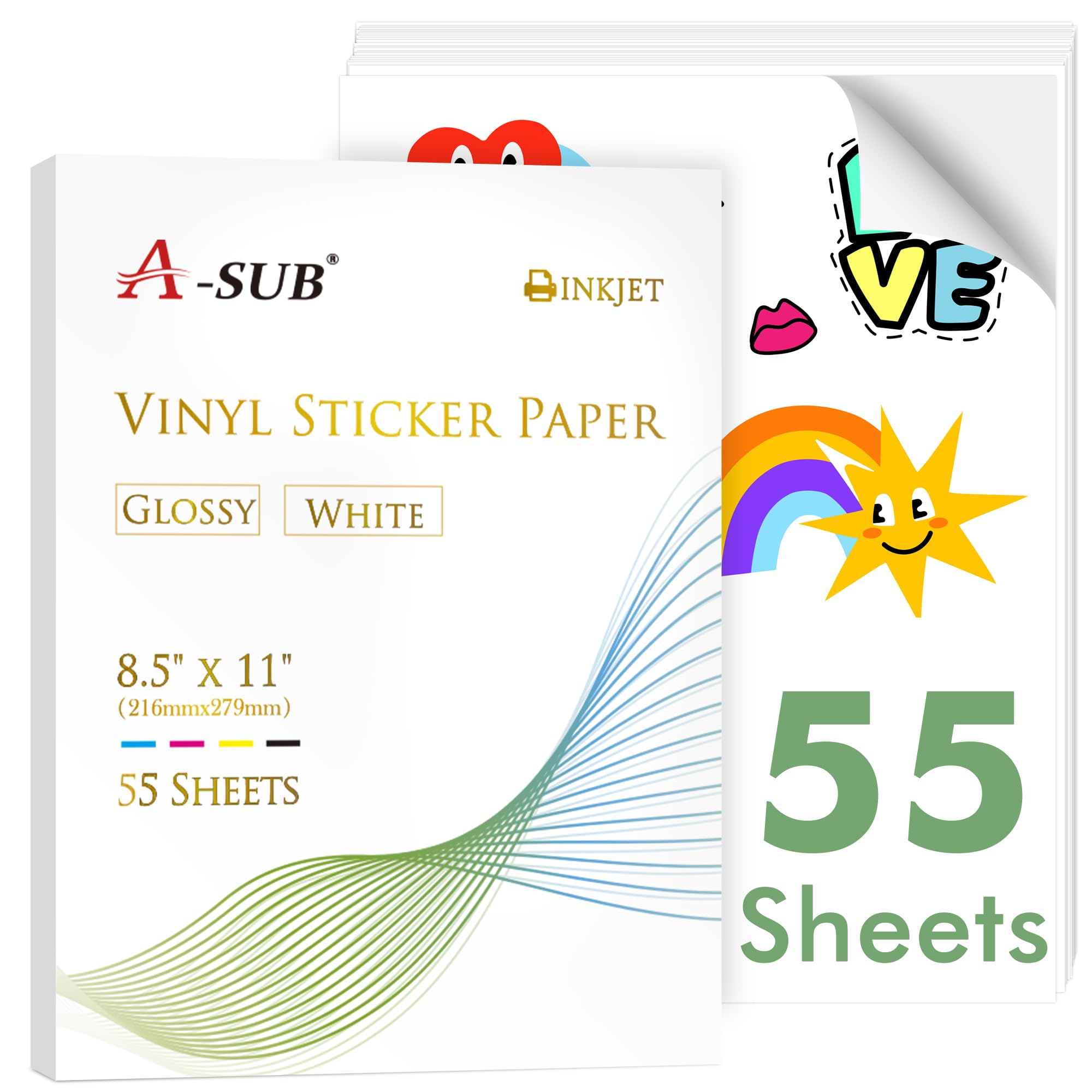 Photo 1 of A-SUB 55 Sheets Vinyl Sticker Paper for Inkjet Printer - Glossy Printable Vinyl 8.5x11 Inch Waterproof Sticker Paper for DIY Any Decal You Like