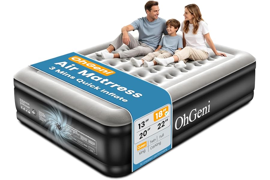 OhGeni Air Mattress Queen with Built in Pump, 18" Raised Blow up Bed, 800lb | Inflatable Mattress, Advanced Coil-Beam Support