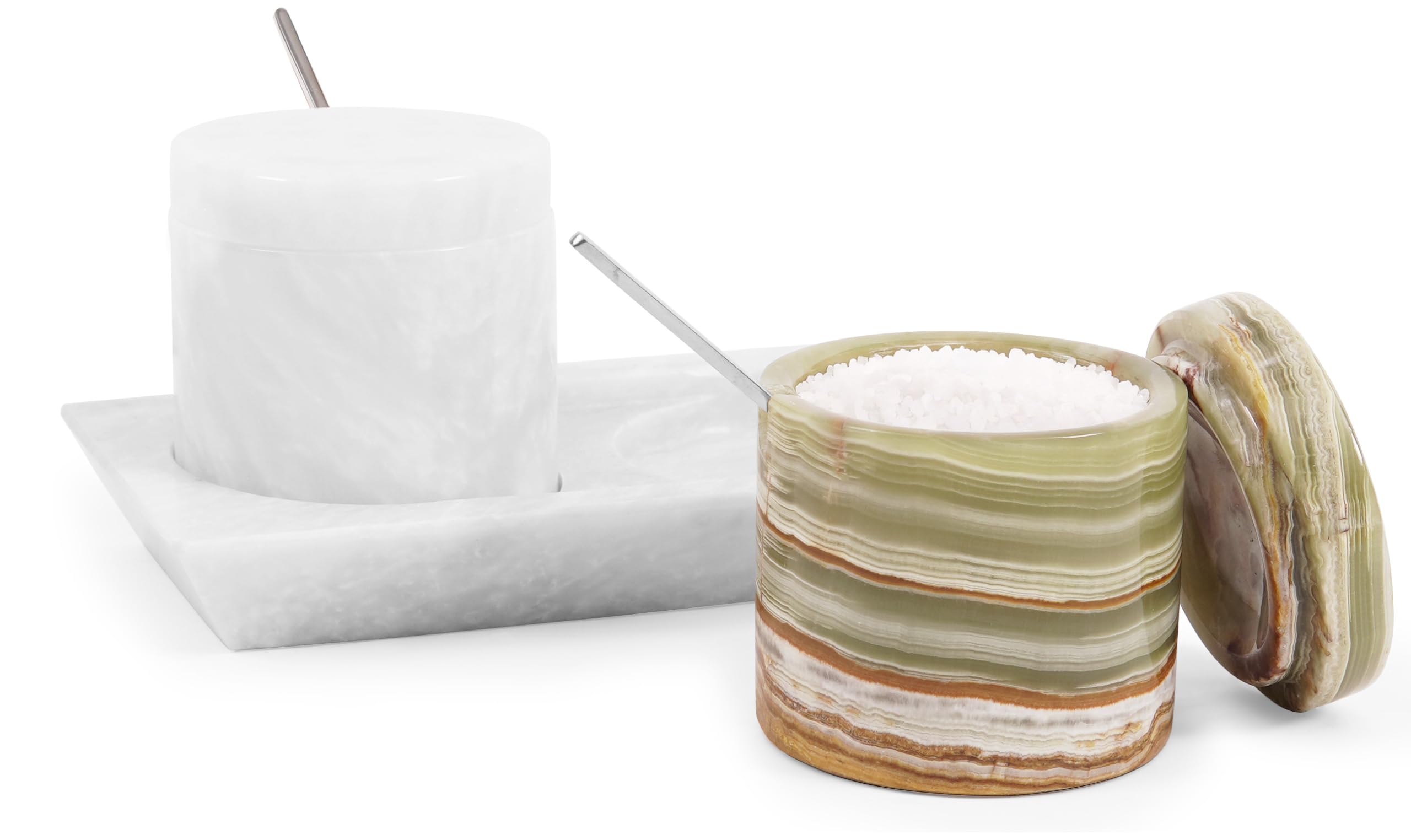 Radicaln Marble Salt Cellar with Lid & Tray White and Green Handmade Salt Bowl and Sugar Bowl - Set of 2 Spices Container Set for Kitchen Storage - Brown Sugar Keeper