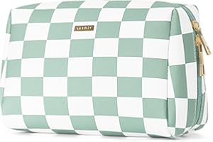 Narwey Large Cute Checkered Vegan Leather Makeup Bag Cosmetic Pouch Make Up Bags Women Toiletry Bag Organizer Zipper Travel P