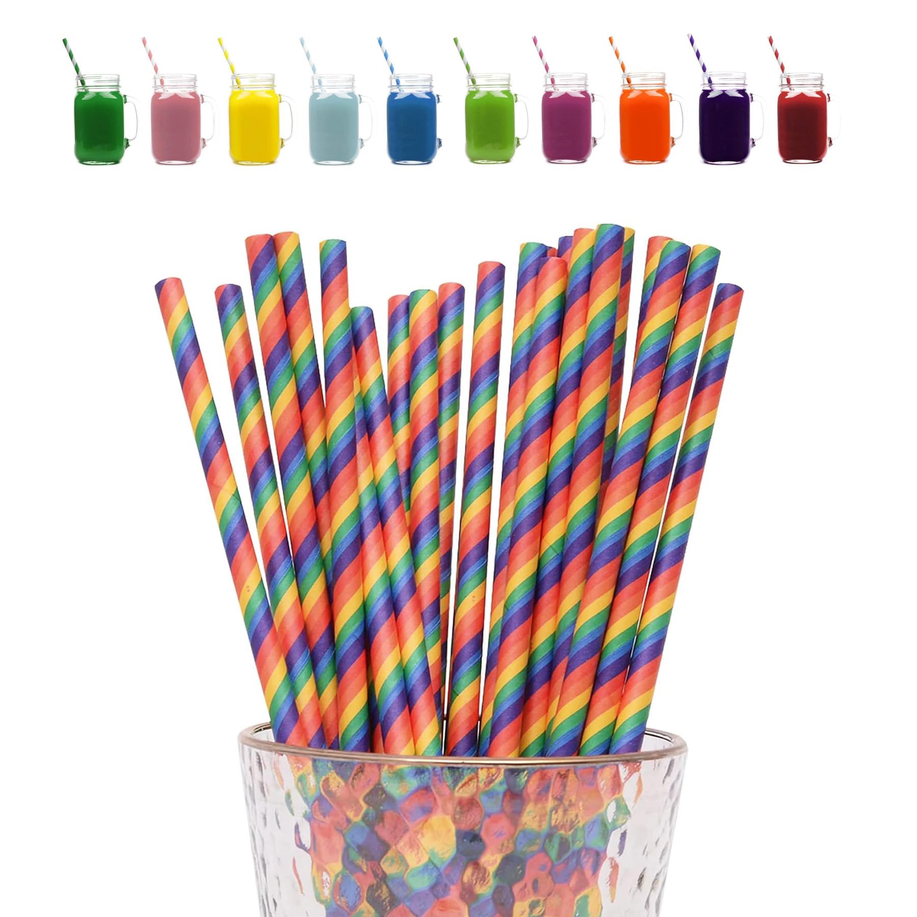 ATBEAMEN Rainbow Stripes Drinking Straws - 100 Pack Biodegradable Paper Straws for Drinks, Parties & Everyday Use