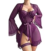 Avidlove Women Sexy Lingerie Set 2 Piece Sheer Kimono Robe with Lace Teddy Lingerie Bodysuit