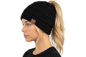 Funky Junque Women's Beanie Ponytail Messy Bun BeanieTail Solid Ribbed Hat Cap
