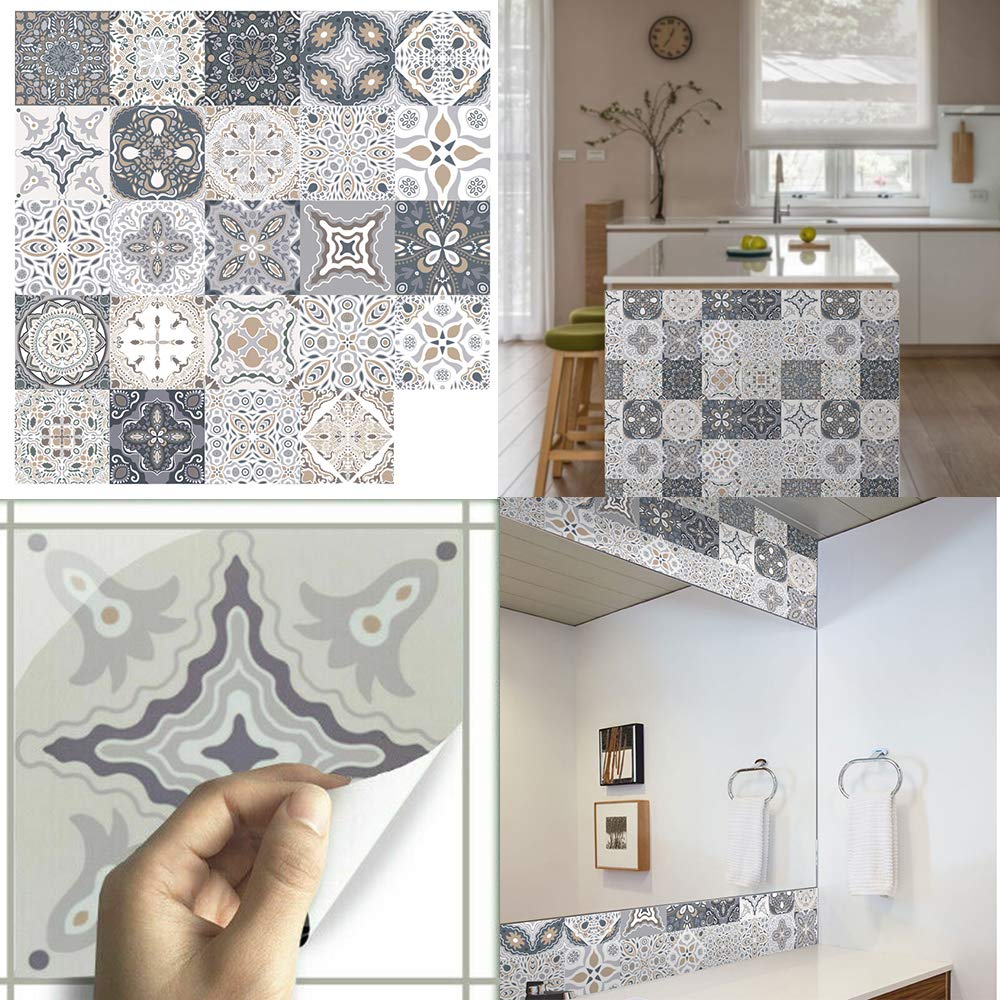 Tile Stickers 20cm x 20cm, 24pcs Stick on Tile Transfers Self Adhesive Wall Vinyl Stickers DIY Waterproof Tiles Backsplash for Kitchen & Bathroom - 8x8 inches
