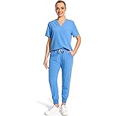 PuriPure Scrubs for Women Set Medical Uniform - V-Neck Top & Jogger Pants with 6 Pockets, Nurse Workwear