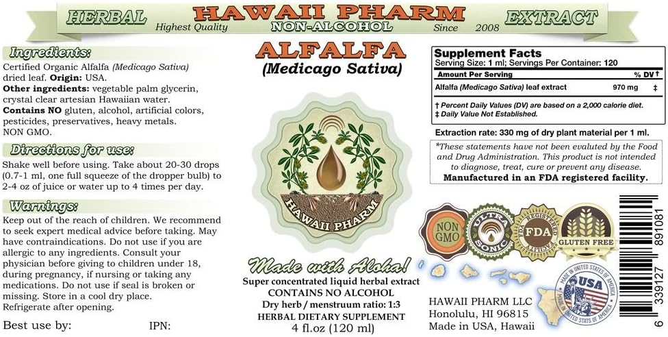 Alfalfa Alcohol-Free Liquid Extract, Organic Alfalfa (Medicago Sativa) Dried Leaf Glycerite 2 oz: Health & Personal Care