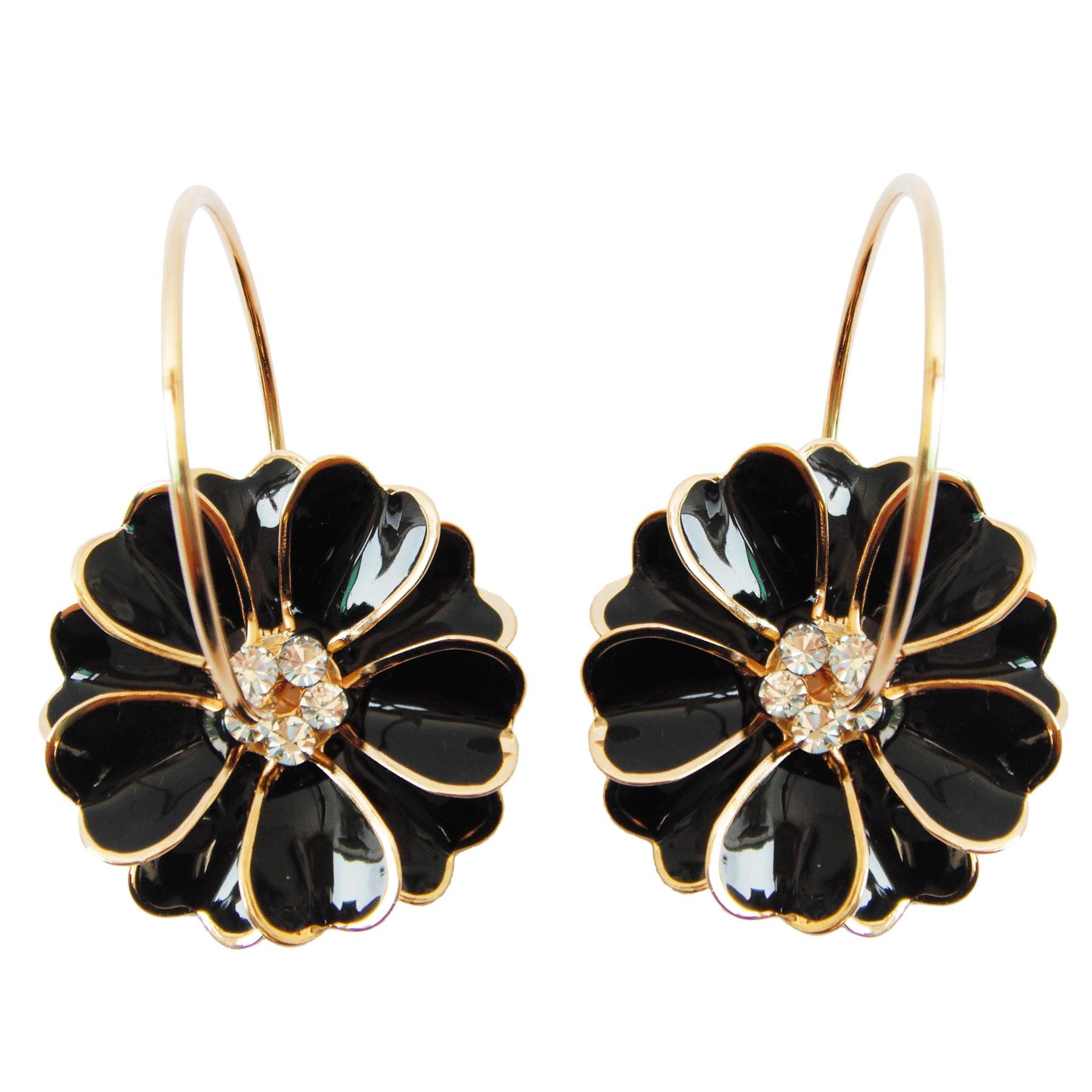 Navachi 18k Gold Plated Black Enamel Flower Crystal Az2591e Hoop Earrings(dia. 3cm) — image 1
