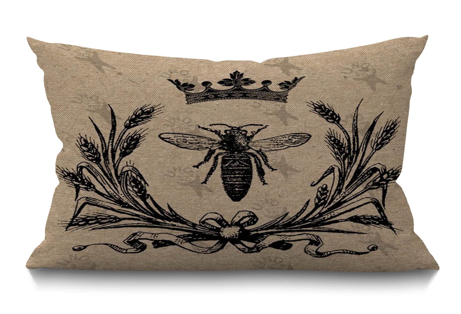 BGBDEIA Cushion Cover Bee Vintage Queen Bees Animal Retro Crown Floral Ear Bowknot Black Rectangular Throw Pillow Cover for Couch Sofa Home Decor Cotton Linen 30 x 50 cm 12x20 Inch