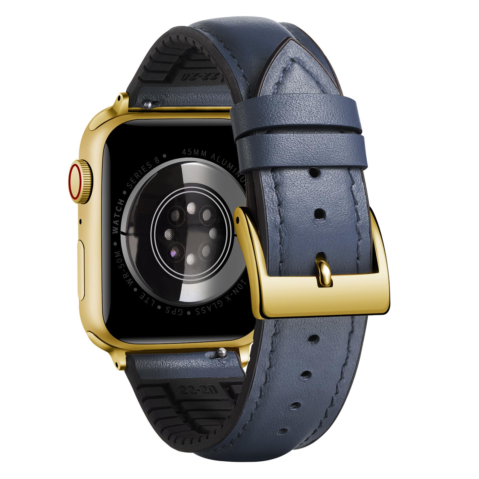 BINLUN Compatible with Apple Watch Bands Leather Soft Silicone Inner Hybrid Sweatproof 42mm 44mm 45mm 46mm 49mm Watch Strap for iWatch Ultra SE Series 11/10/9/8/7/6/5/4/3/2/1(Gold Buckle,Deep Blue)