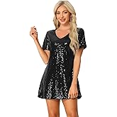 Allegra K Women's Glitter Sequin Dress V Neck Short Sleeve Mini Clubwear Party Dress