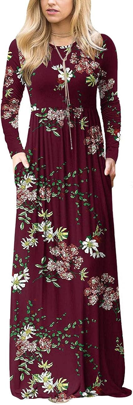 MEROKEETY Women's Plaid Long Sleeve Empire Waist Full Length Maxi Dress with Pockets