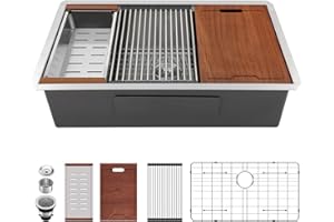 Lordear 33 Undermount Kitchen Sink 33" x 19" Stainless Steel Sinks 16 Gauge Single Bowl Ledge Workstation Handmade Under Counter Kitchen Sink Basin with Built-In Accessories