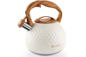 BELANKO 2.7 Quart Tea Kettle for Stovetop - Food Grade Stainless Steel with Diamond Texture, Designer Teapot Look, Cool-Touch Wood Pattern Handle, Whistling Spout - Milk White