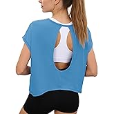Totatuit Womens Open Back Workout Tops Oversized Crop Gym Shirts Loose Fit Short Sleeve Athletic Tee for Running Yoga