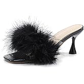 fereshte Women's Feather Mule Sandals, Kitten Heel, Square Open Toe, Slip On, Fluffy Fur Clear Strap