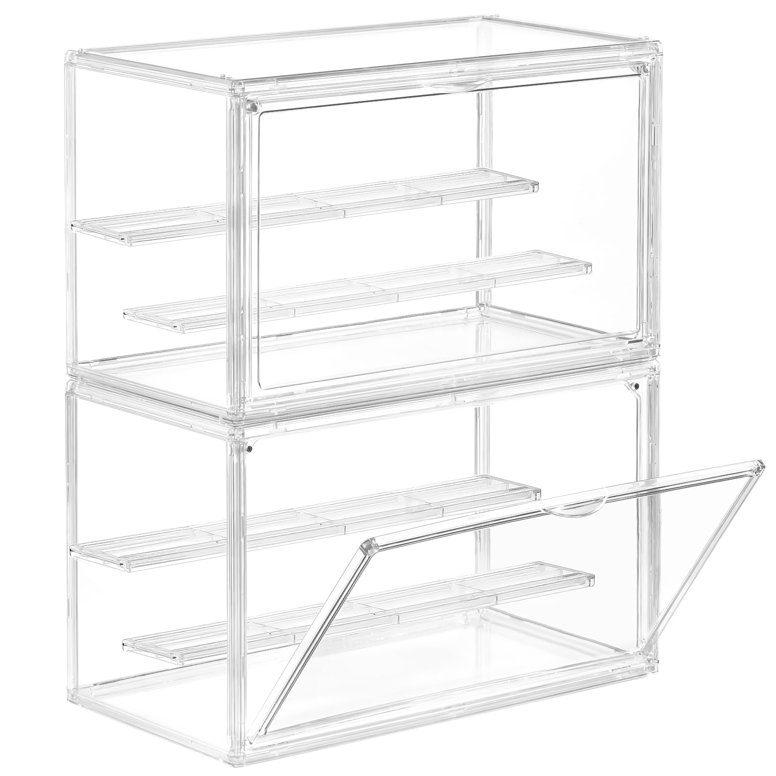 Photo 1 of Freebat Clear Acrylic Display Case for Collectibles - 3-Tier Adjustable Figure Display with Magnetic Door & Removable Shelves,Stackable Dispaly Box for Figures - 2 Pack