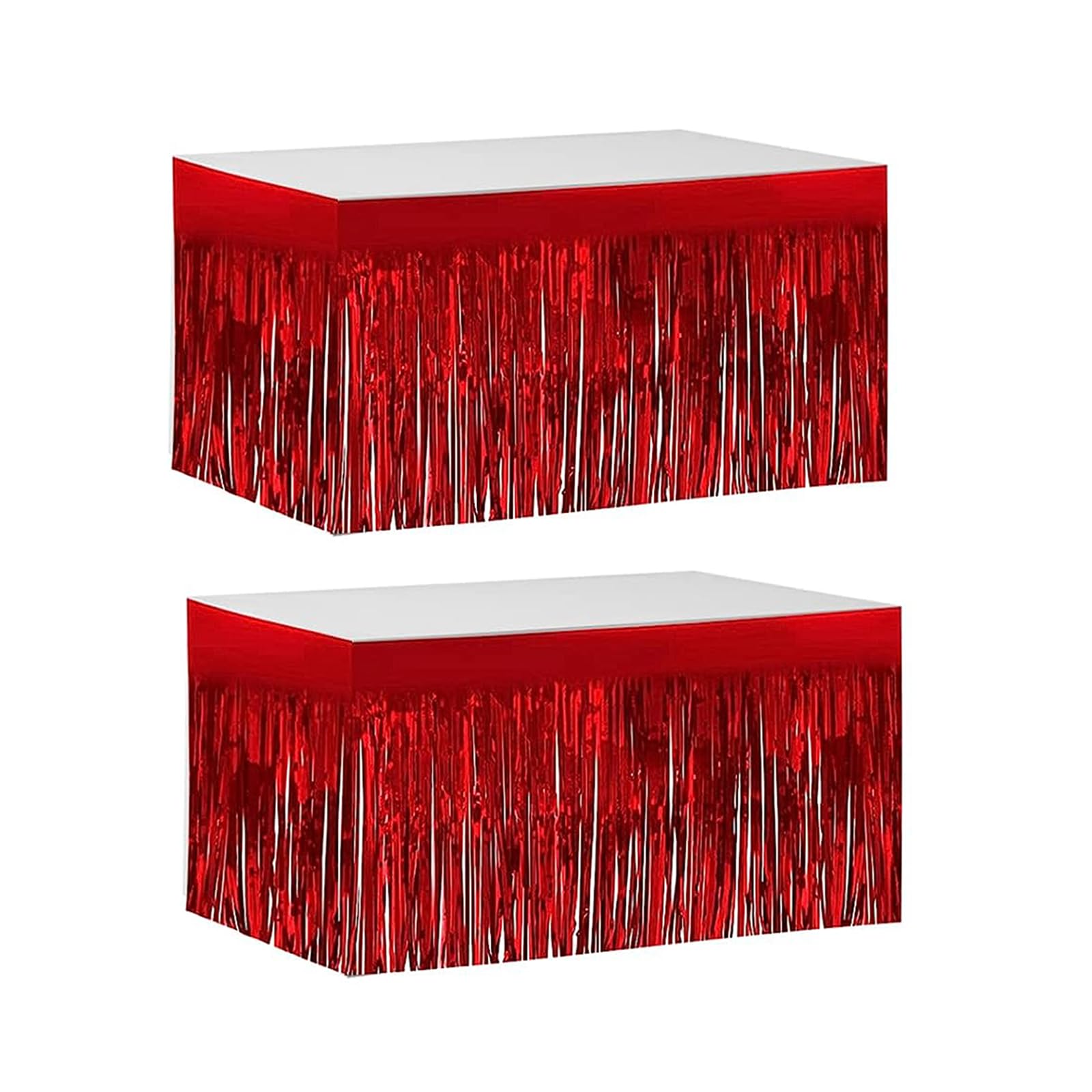 Photo 1 of 2 Pack 29.5x108 Inch Metallic Foil Fringe Tinsel Table Skirts for Rectangle Tables Party Table Skirt for Wedding, Birthday,Party Decorations(Red)