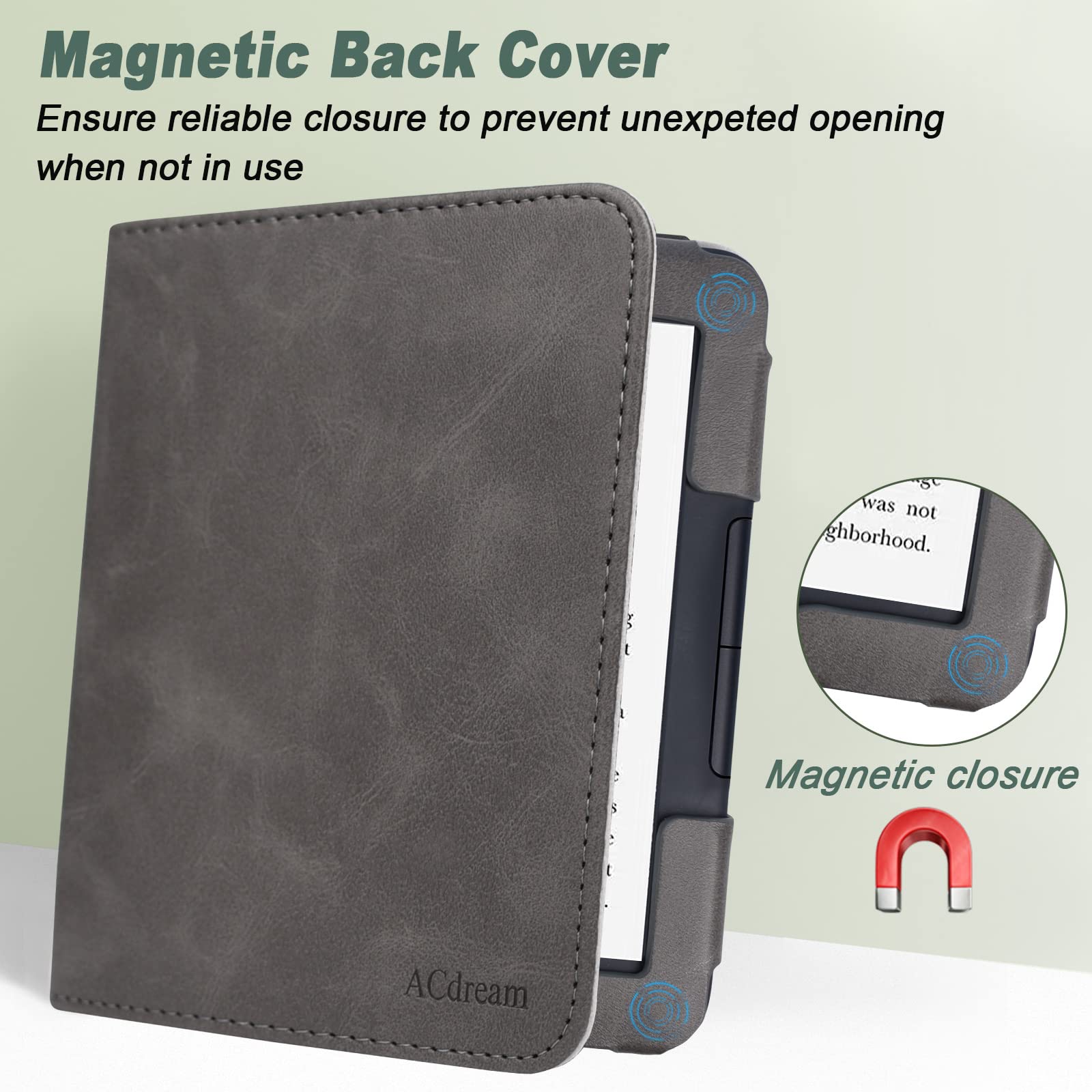 ACdream Case for Nook Glowlight 4 2021 / Nook GlowLight 4e 2022, Hands Free Stand Protective Durable Premium PU Leather Cover with Magnet Closure, Hand Strap, Card Slot,Grey