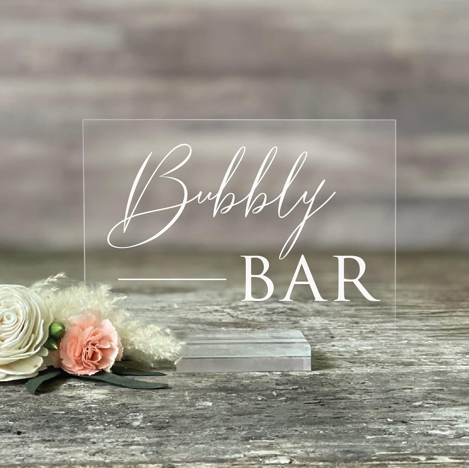 Mixed Media - Acrylic Wedding Sign: Bubbly Bar Wedding Sign for Guests – Clear Acrylic Sign w/Stand – Open Bar Sign, Free Drink Sign, Rustic Wedding Decorations, Reception Decorations (5X7, Clear Acrylic Stand)