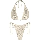 ZAFUL Women's Triangle Bikini Multiway Fishnet Tie Side Bandeau Halter String Bikini Set Two Piece Swimsuit Bathing Suits