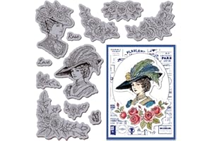 GLOBLELAND Vintage Victoria Lady Cling Rubber Stamp Rose Corner EVA Cling Mount Stamps Floral Hat Rubber Stamp Set for Card Making Photo Album Decor Decoration DIY Scrapbooking