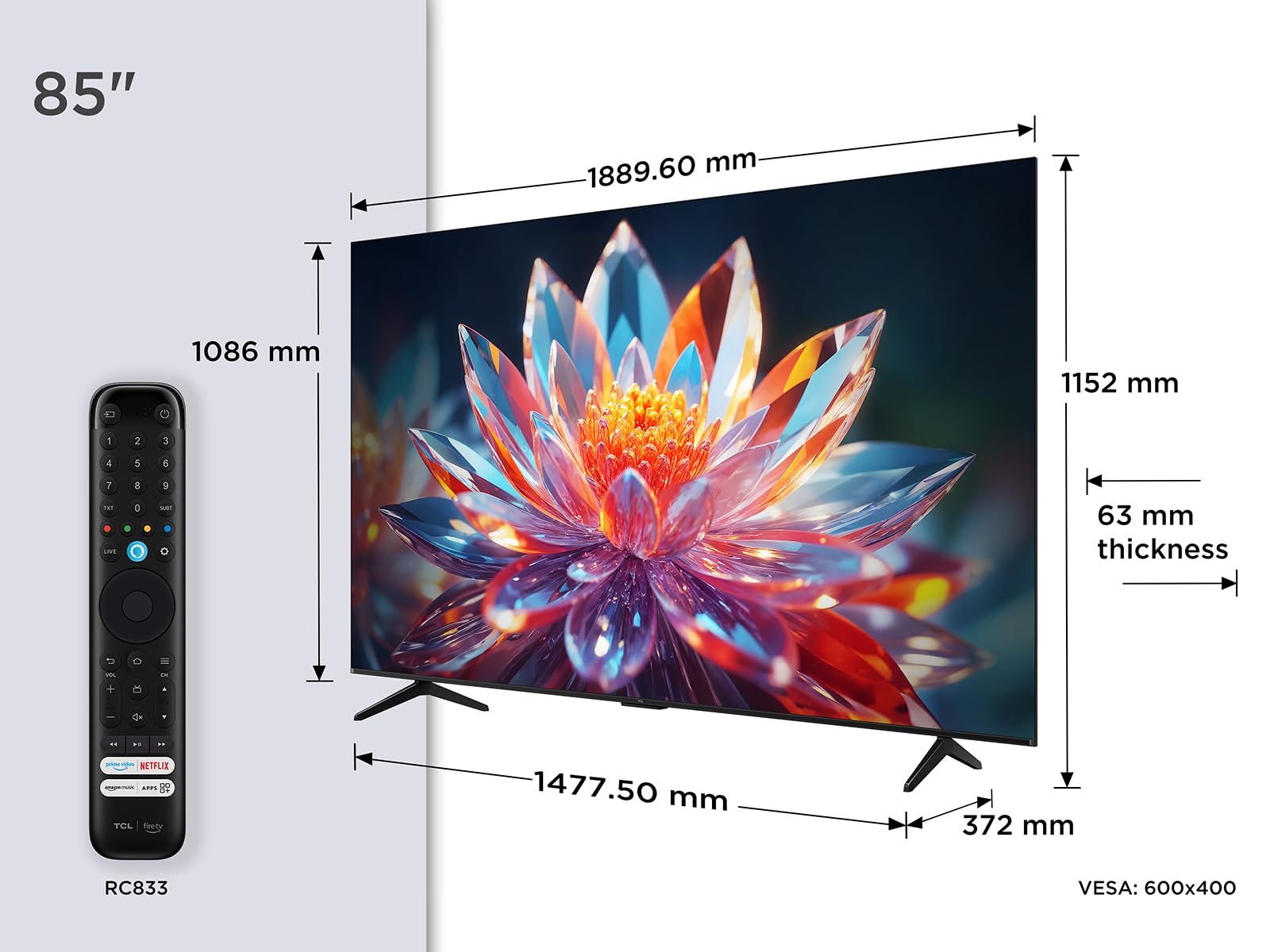 TCL 85T6C 85 Zoll QLED Fernseher, 4K UHD Fire TV, HDR10+, Dolby Vision & Atmos, Smart TV mit Sprachsteuerung mit Alexa, Google Cast & AirPlay 2, Onkyo 2.1 Sound, HDMI 2.1, ALLM 2