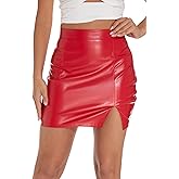 GUANYY Womens Leather Skirt High Waisted Stretchy Slit Faux Pleather Bodycon Party Mini Skirts