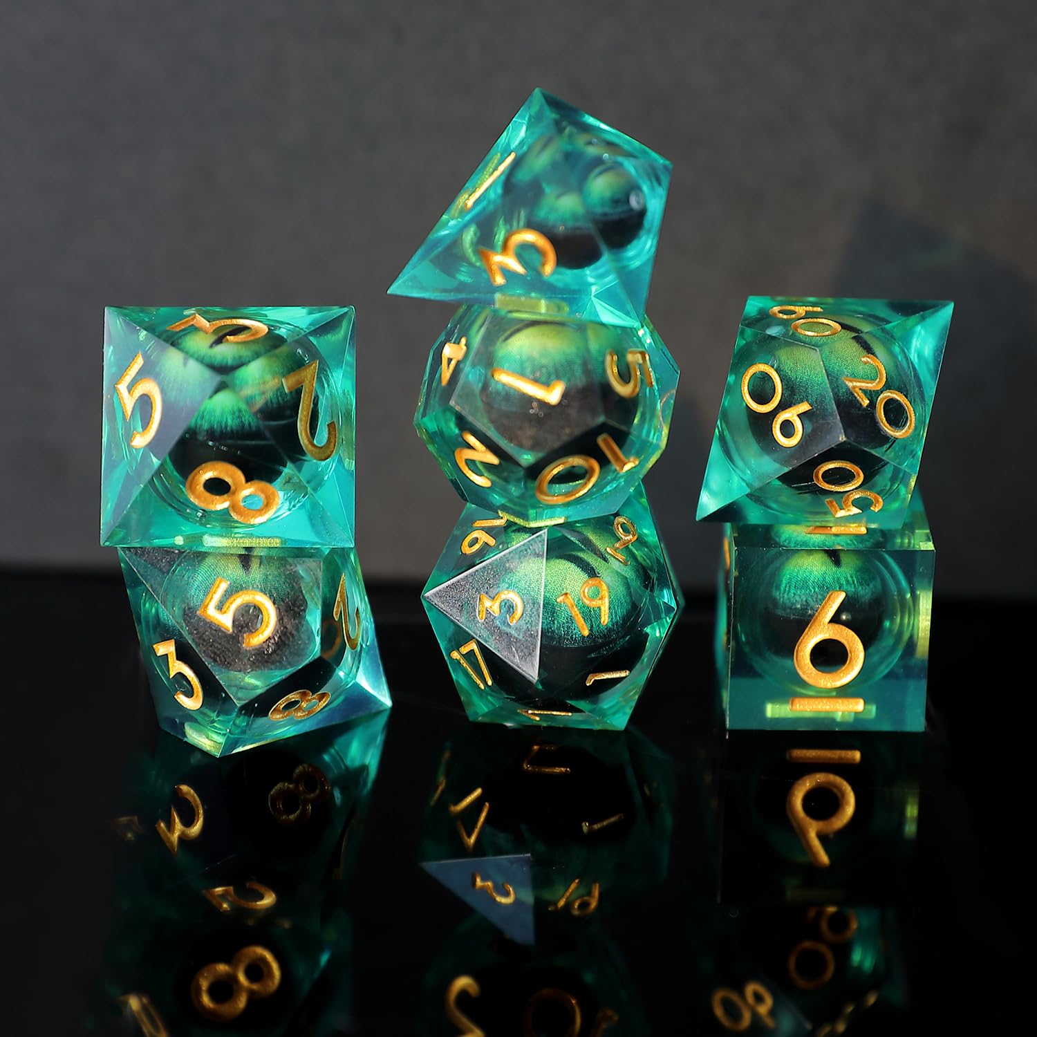 DND Dice Set Floating Green Pupil Dragon Eye Resin Sharp Edge Dice 7 Piec Handmade D&D Dice for Polyhedral Dungeons and Dragons Ttrpg Pathfinder RPG DND Roleplaying with Gift Box — image 1
