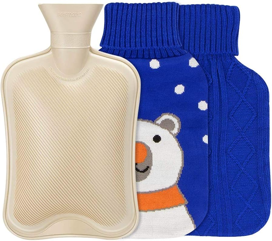 Hot Water Bottle with Knit Cover - Natural Rubber Hot Water Bag BPA Free Durable with Two Replaceable Knit Cover Great for Pain Relief Keep Warm Hot and Cold Therapy(2 Liter): Health & Personal Care
