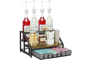 JHHJIFY Coffee Syrup Organizer Rack, Coffee Station Organizer for Countertop, Coffee Bar Organizer with 35 K Cup Storage Basket, Syrup Bottles Holder Shelf for Coffee Bar Accessory, Wine, Kitchen Seasoning