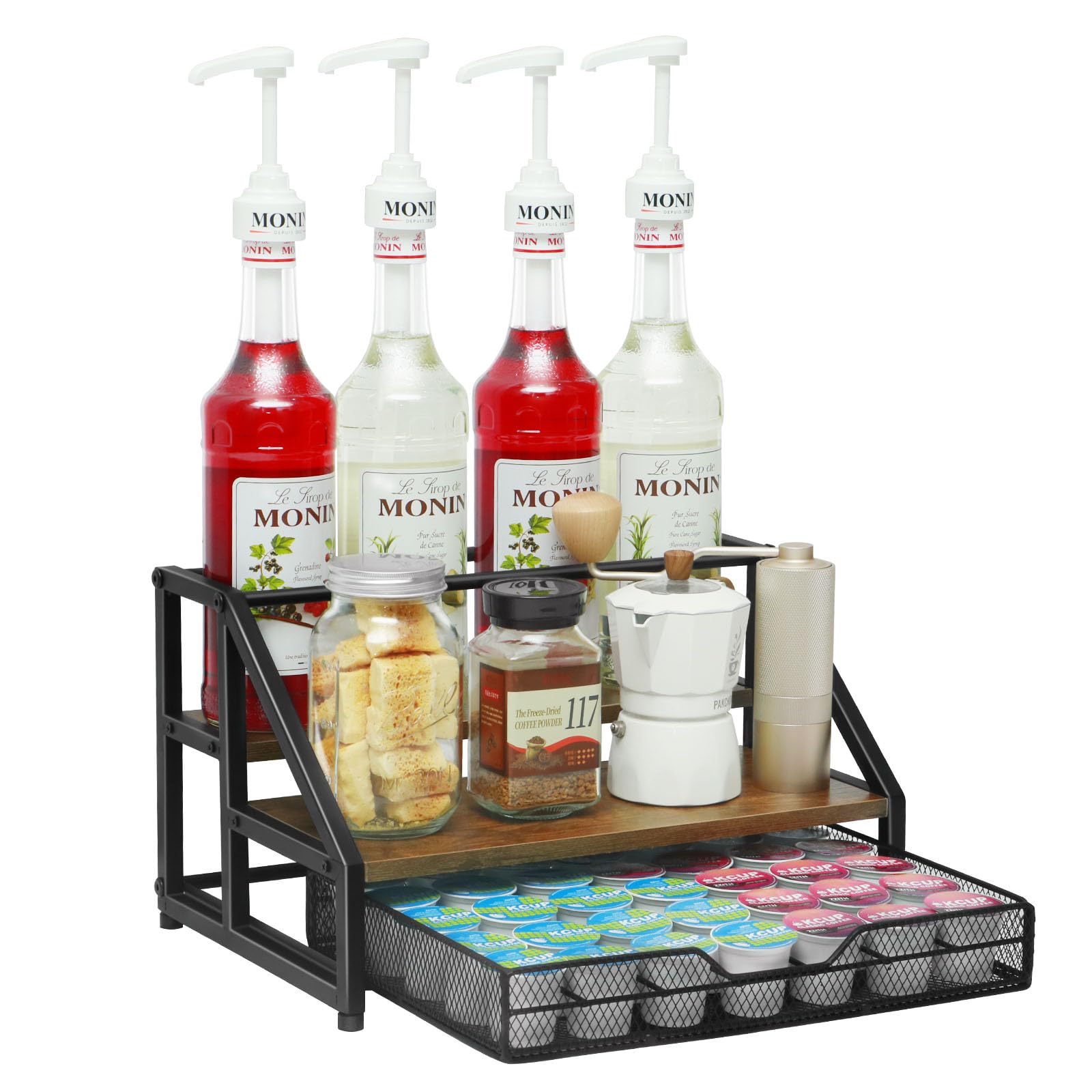 Photo 1 of Coffee Syrup Organizer Rack, Coffee Station Organizer for Countertop, Coffee Bar Organizer with 35 K Cup Storage Basket, Syrup Bottles Holder Shelf for Coffee Bar Accessory, Wine, Kitchen Seasoning