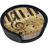 Famame 6 Pcs Leather Coasters for Drinks with Holder Grunge Retro Piano Music Notes Coaster Sets Drink Table Cup Coasters for Living Room Kitchen Coffee Decor