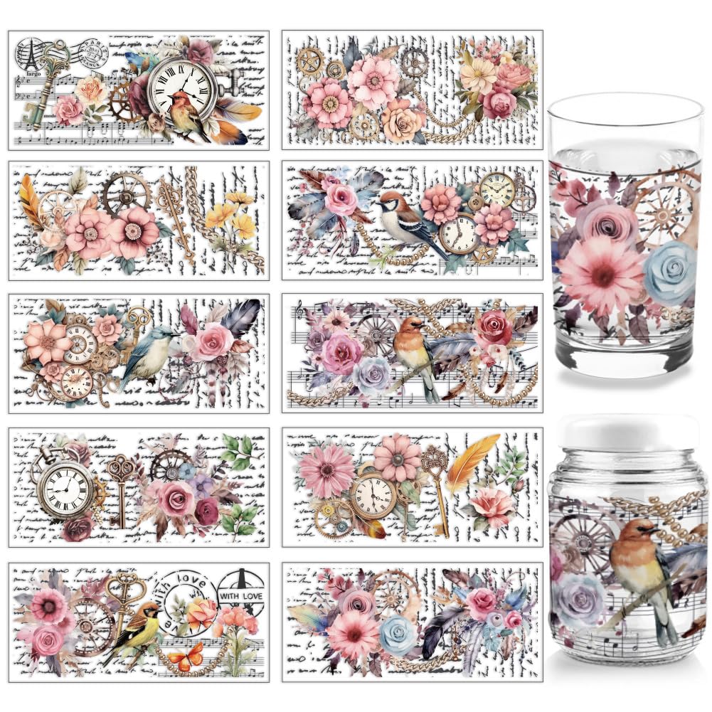 arricraft 10 Sheets UV DTF Cup Wrap, 10 Styles Vintage Flower Bird Clock Words Rub on Transfers PVC Transfer Stickers Waterproof Rub Decals for DIY 16OZ Glass Cups Furniture