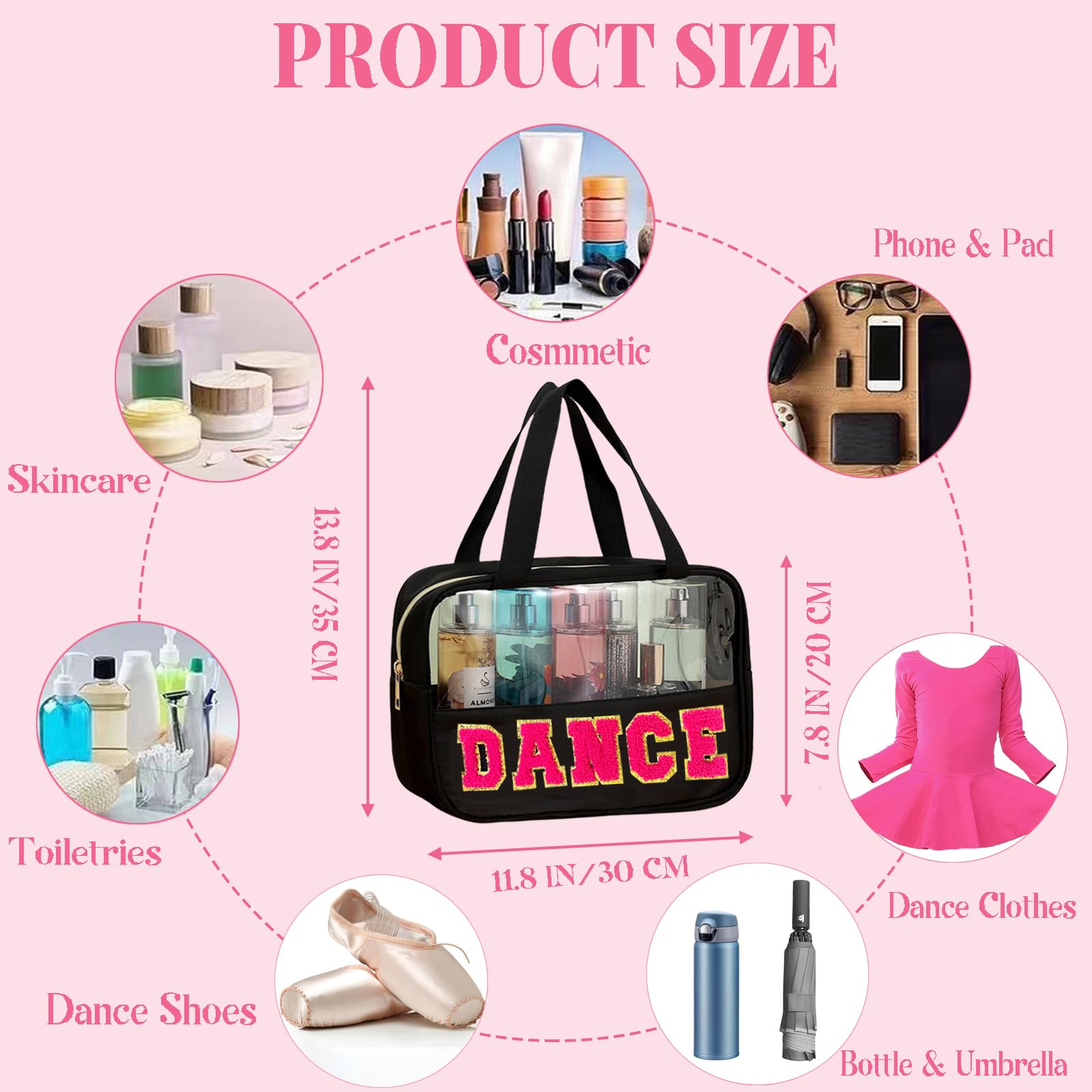Chenille Letter Bags for Dance Recital Gifts Clear Ballet Dance Makeup Bag with Handle and Zipper Waterproof Nylon Portable Toiletry Bag, Dance Competition Must Haves