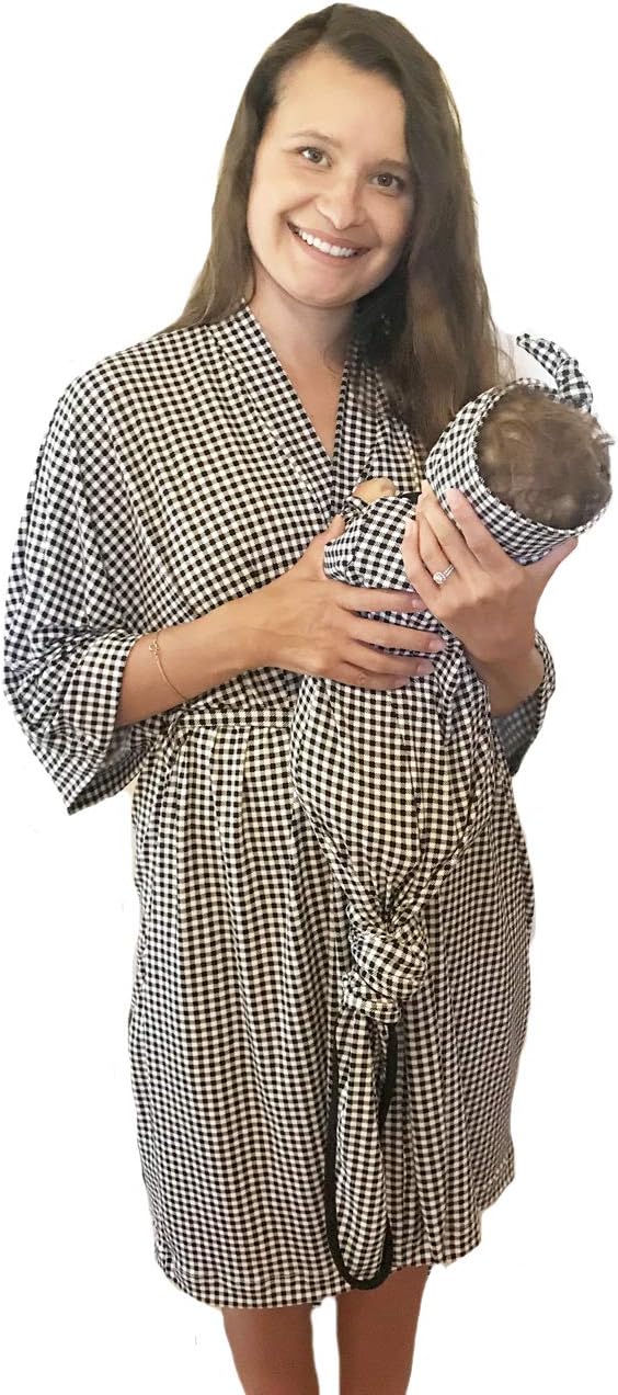 Aspen Lane Maternity Matching Labor Delivery Robe Swaddle Blanket Set Hospital Bag (Black Check, S/M) Mom Baby
