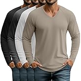 Velvelhall 4 Pcs Mens Long Sleeve V Neck Shirts Raglan Sleeve Curved Hem Tees Lightweight Casual Basic Workout T Shirts
