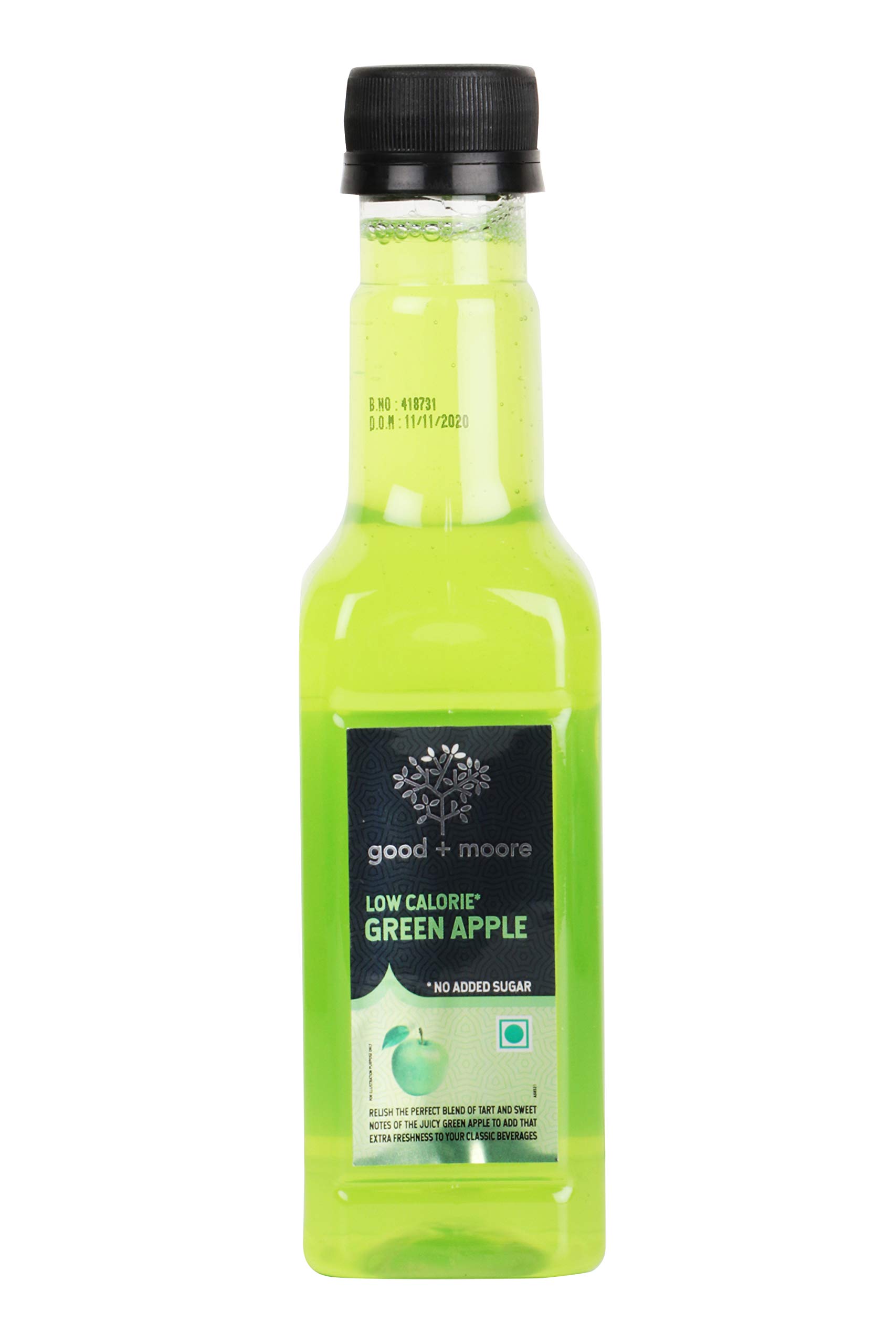 GOOD&MOORE Low Calorie Green Apple Syrup | For Cocktail,Mocktail,Sodas,Ice-Teas,Juices,Beverages And More |Upto 98% Less Calories | Concentrated Syrup | Ready To Mix | 250ml