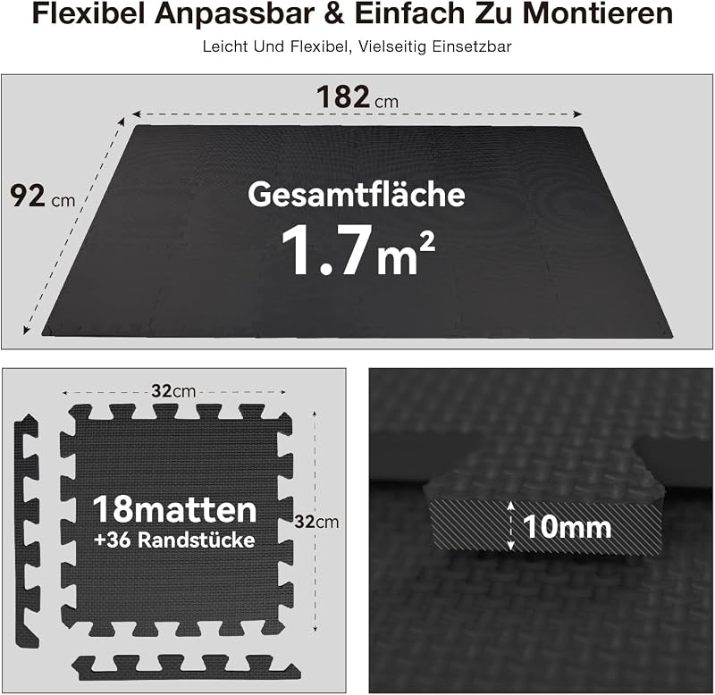 Bodenschutzmatte Fitness Matte Extra Dicke Bodenmatten, rutschfeste Schutzmatten Fitnessraum, Fitness Boden, Sportboden, Poolunterlage, [31x31cm] - 18 Fallschutzmatten