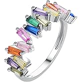 kissdove rainbow baguette stacking ring, 925 sterling silver eternity band with multi color gemstones, minimalist everyday ring for women