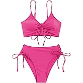 ZAFUL Women V Neck Bikini Set Ruched Tie Front High Waisted Floral Print Ribbed 2 Piece Bathing Suit Swimsuits