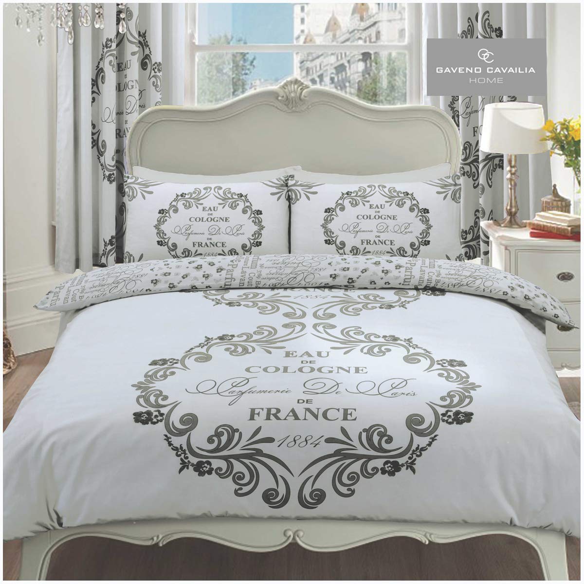 GC GAVENO CAVAILIA Luxury Script Duvet Cover, Reversible Cosy Quilt Bedding Set, Premium Bedroom Accessory, Silver, Kingsize, Polycotton, KING