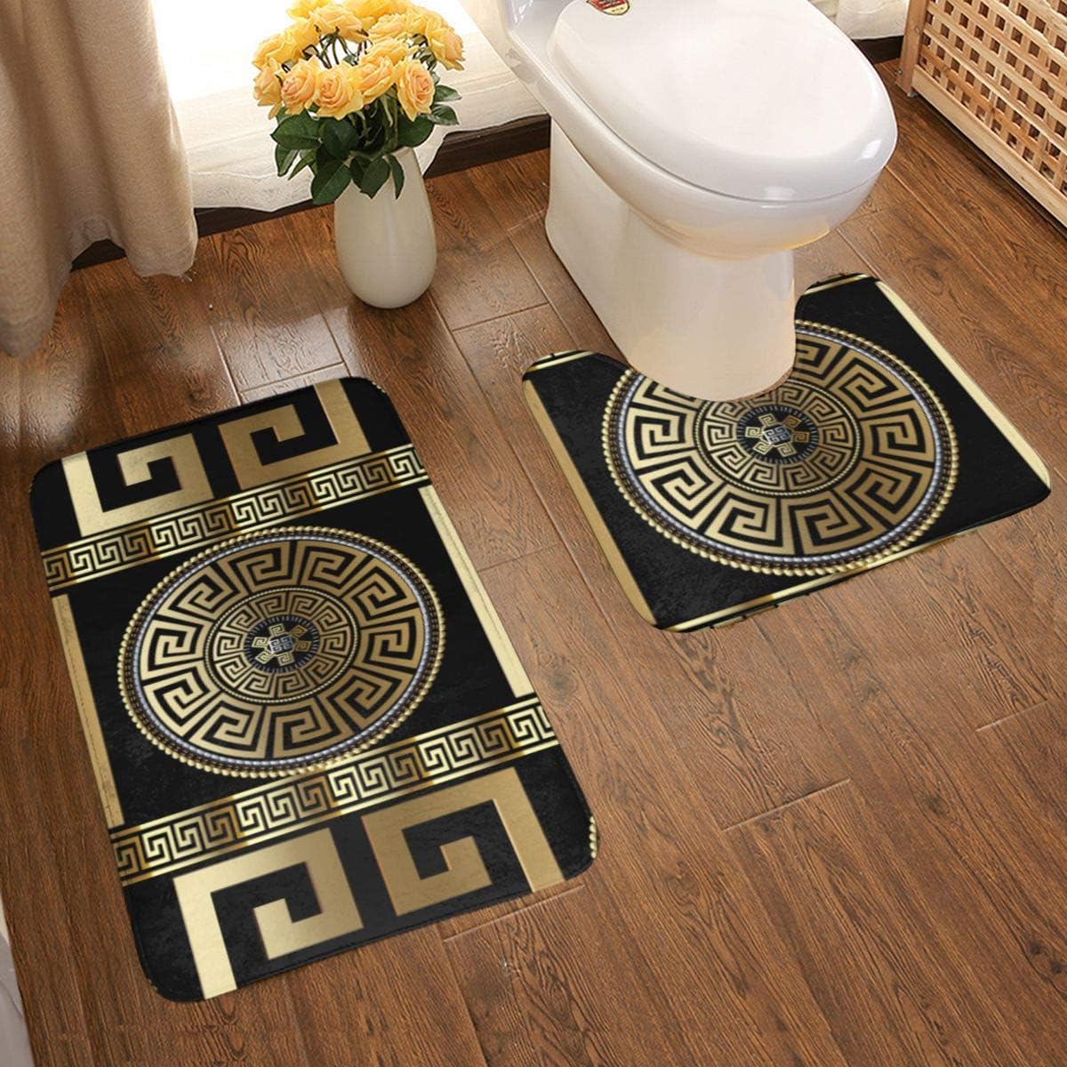 Art Fan Design Soft Comfort Flannel Bathroom Mats 3d Wallpaper With Greek Key Non Slip Bath Mat Washable Entry Rugs 2pcs Set Carpet Rugs Amazon Co Uk Kitchen Home