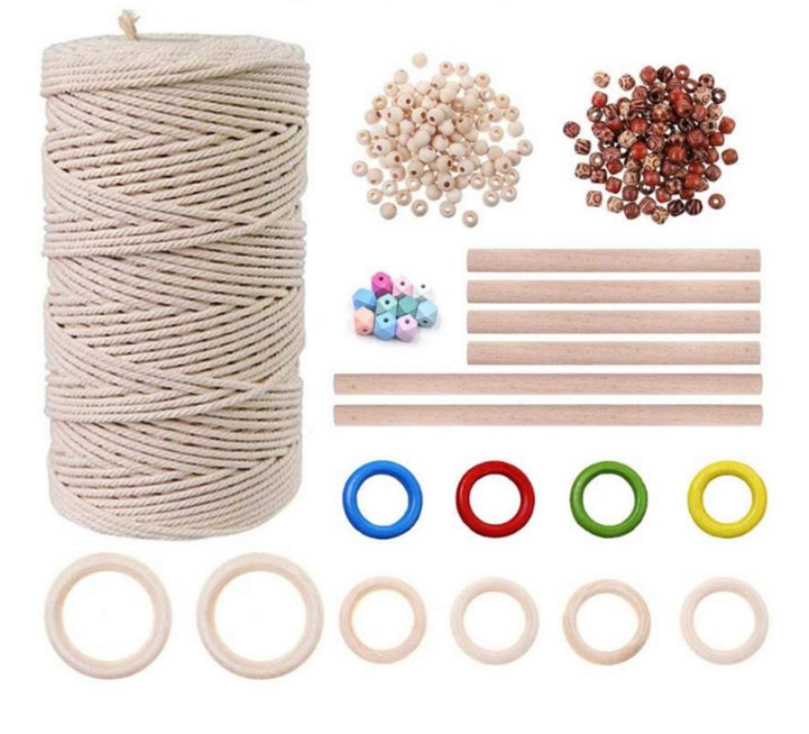 Binwat Macrame Rope Kit Supplier Cotton Rope Set for Starter 3mm x 109Yards Natural Cotton Macrame Cord with Wooden Rings,Wooden Sticks,Macrame Supplies for Plant Hangers Crafts Knitting (Set E)