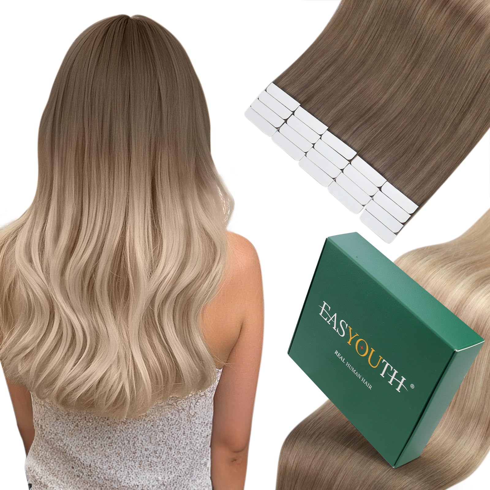 Easyouth Tape in Hair Extensions Real Human Hair Ombre Blonde Tape on Human Hair Extensions Brown to Blonde Human Hair Extensions Tape in for Daily Life 16 Inch 40g 20Pcs #8/18/60